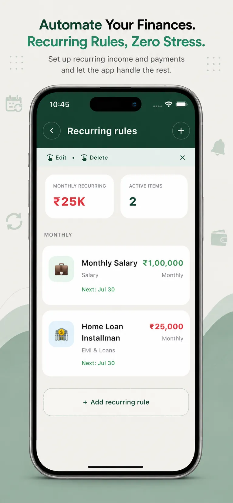 Recurring rules screen with automated salary and EMI entries